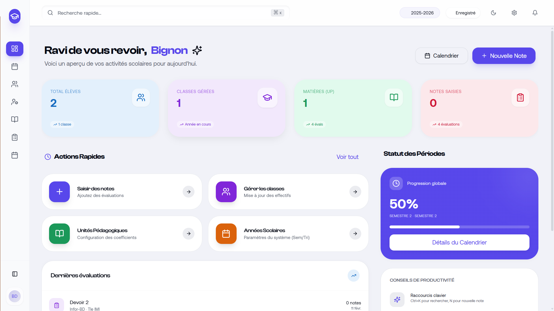 Capture d'écran — EnseiNotes - Plateforme de gestion de classes pour enseignants.